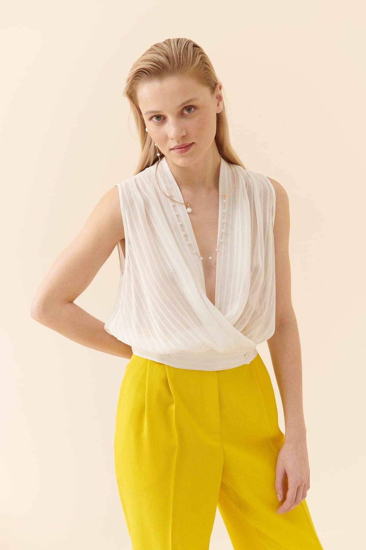 Sheer Striped Double Breasted White Blouse --[WHITE]