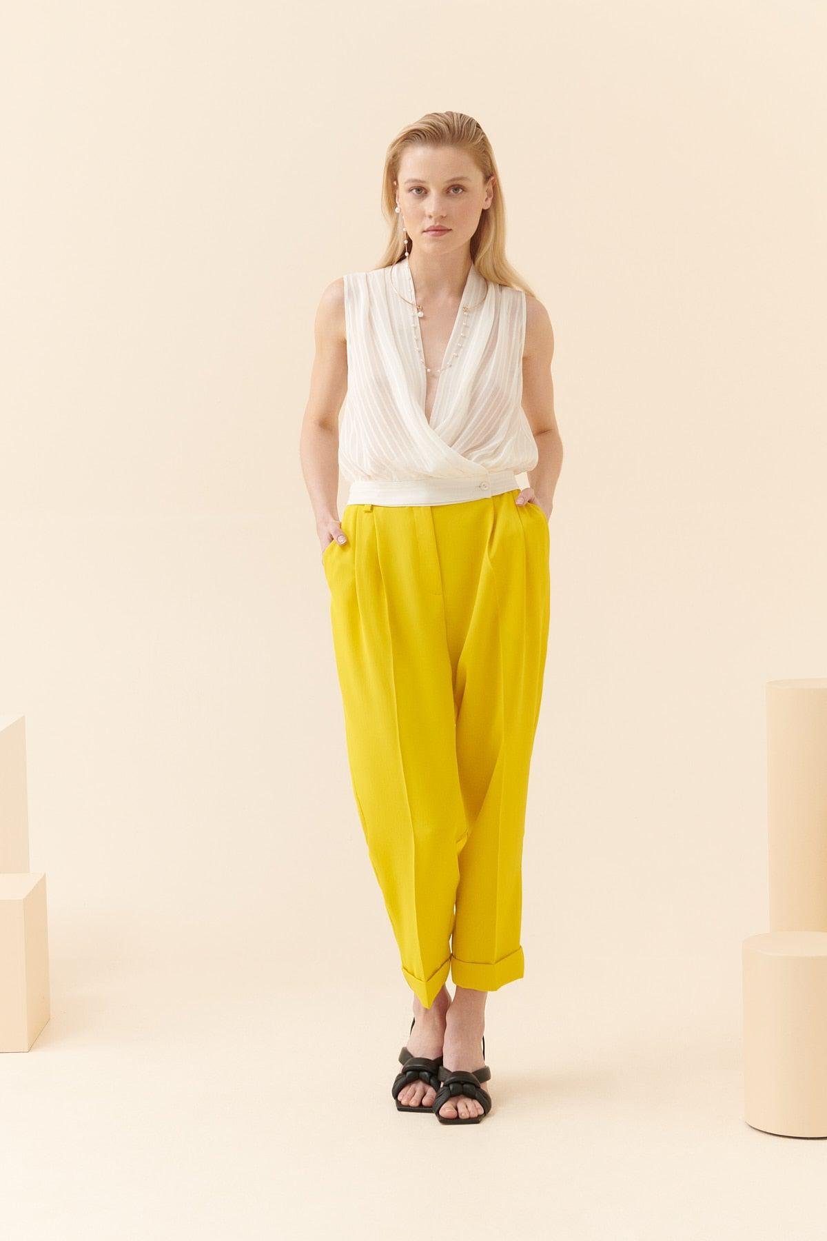 Sheer Striped Double Breasted White Blouse --[WHITE]