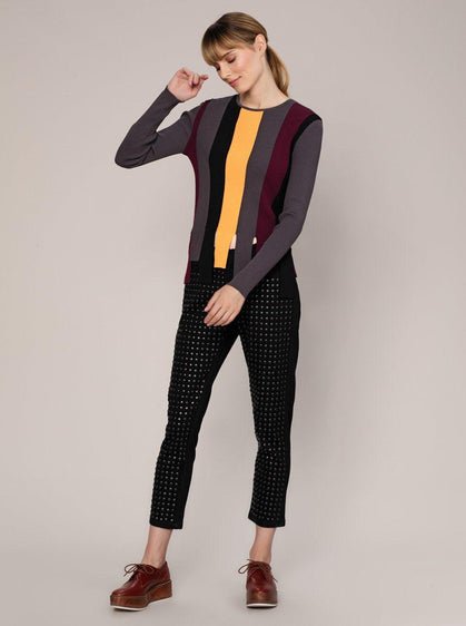 Ribbed Panel Fringe Sweater